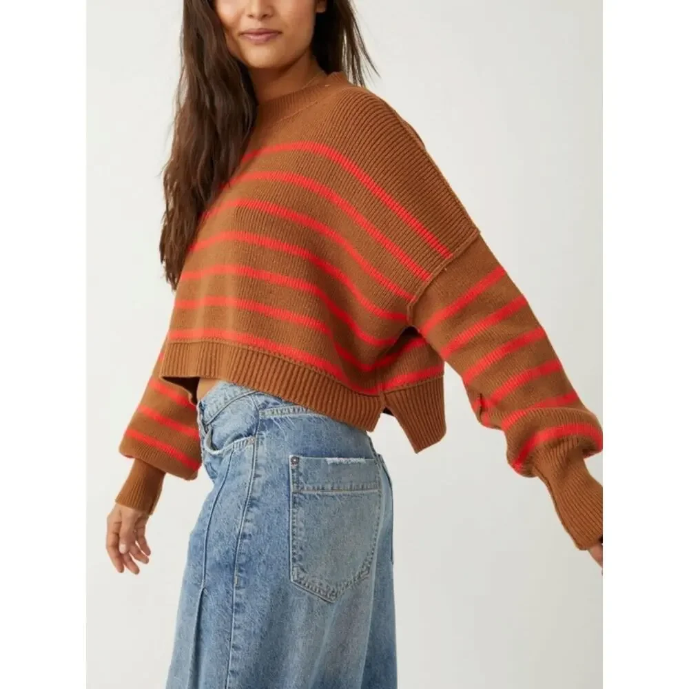 Free People Easy Street Stripe Crop Pullover Sweater Brown Orange Medium